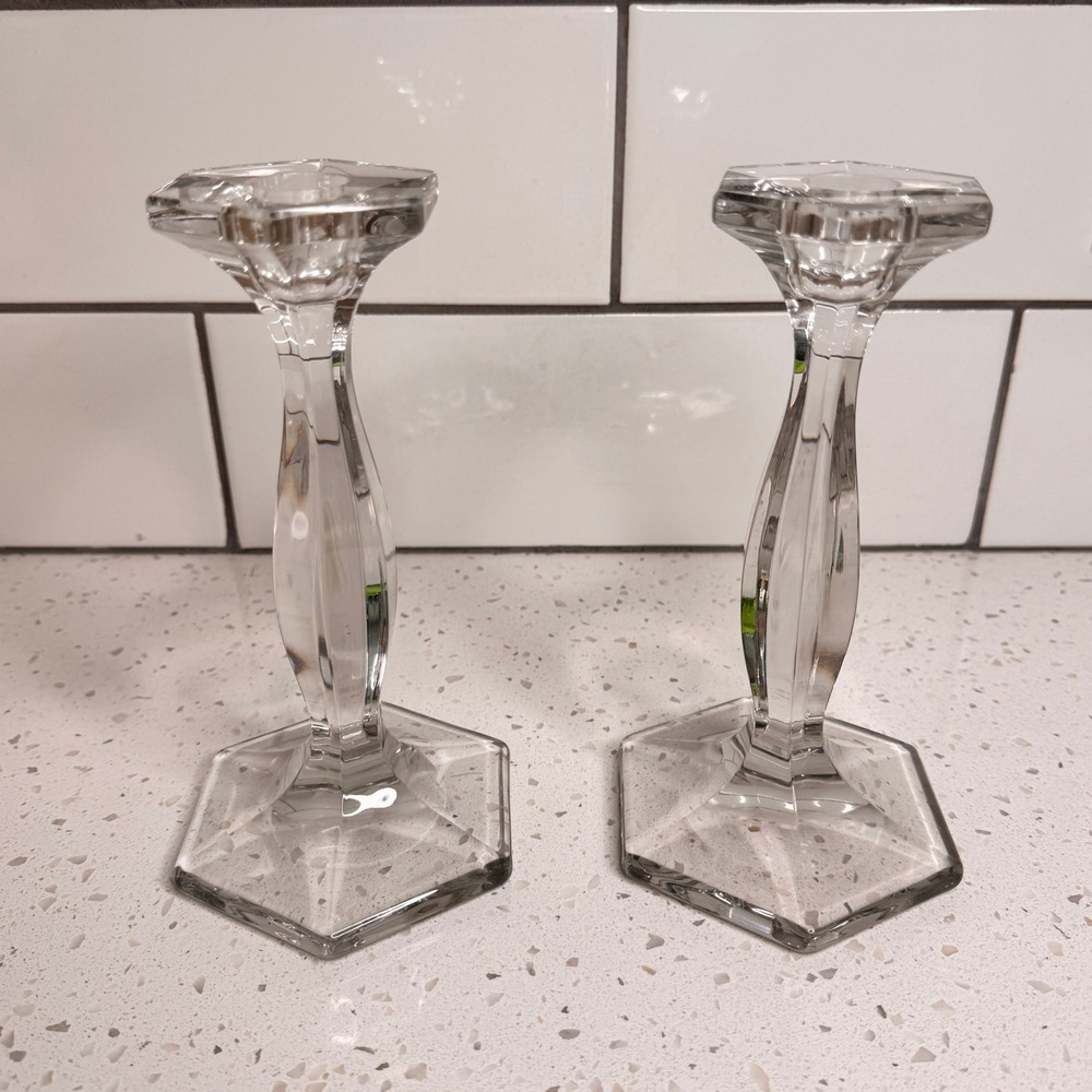 Set of 2 Elegant Clear Glass Hexagon‎ Base Candle Holders Pair Home Decor